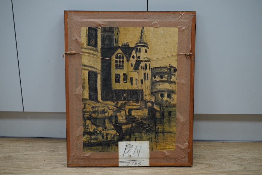 A decorative oil on board, Still life of vessels and fish, 49 x 39cm. Condition - good